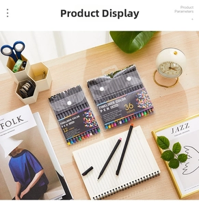 Detailed view of 0.4mm watercolor fineliner pens set in transparent PVC pouch on a desk