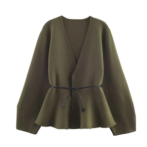 Women's army green V-neck knit cardigan with a slim black leather belt waist tie