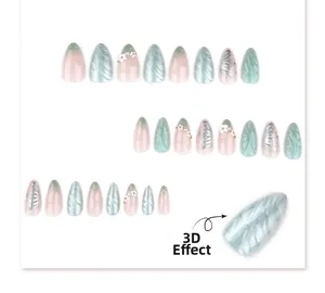 Macro view of 3D almond press-on nails with 3D texture, pearl flowers, and cat-eye finish