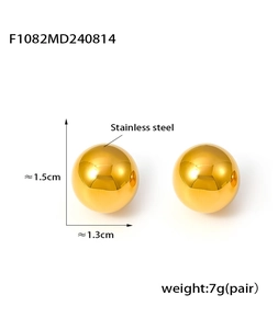 Detail view of 1.5cm golden hollow ball earrings in stainless steel with size specs