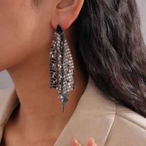 Close-up of long black tassel earrings with metallic mesh detail on a model