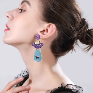 Unique UFO and sheep pattern acrylic drop earrings with purple glitter and blue iridescent finish