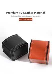 Close-up of black and orange PU leather watch boxes with white stitching and lychee texture