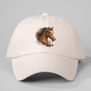 Detailed close-up of horse head print on adjustable beige cotton canvas baseball cap