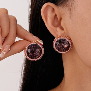 Boucles D'oreilles Rondes Vintage Alliage Résine Feuille D'or Strass Rose Avec Tige En Argent Bijoux Style Français Femme