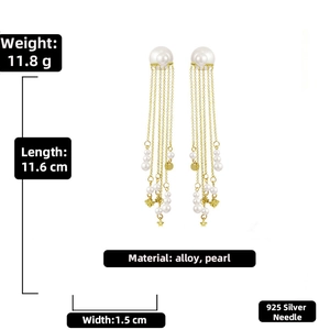 Detail view of 925 silver needle pearl tassel earrings with size and weight specifications