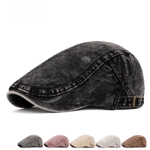 Plaid washed denim flat cap for men and women available in multiple colors with side buckles
