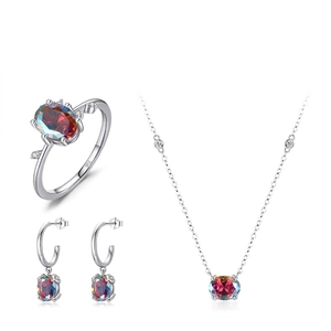 S925 sterling silver jewelry set with oval iridescent gemstones including ring and necklace