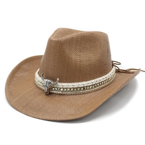 Western Cowboy Straw Hat With Bull Skull Metal Decor Wide Brim Sun Protection Ethnic Retro Style For Men Women