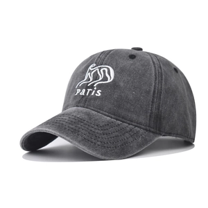 Gray washed denim baseball cap with Paris embroidery and vintage distressed finish
