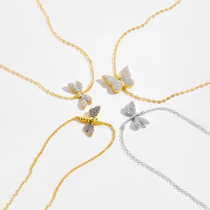 Elegant S925 silver bee and butterfly pendant necklace with sparkling white zircons