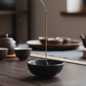Portaincenso minimalista in ceramica nera opaca con bastoncino su vassoio di legno