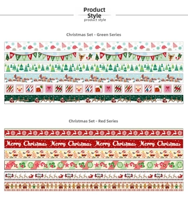 Detailed Christmas washi tape set featuring green and red holiday patterns for DIY crafts