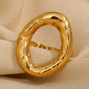 Irregular Hollow Oval Ring Stainless Steel 18K Gold Plated Hammered Texture Lava Pattern Minimalist Fashion Women