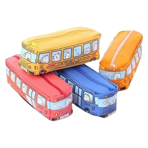 Astucci creativi a forma di scuolabus in tela nei colori giallo rosso blu arancio