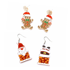 Cute gingerbread man and Santa climbing chimney acrylic glitter stud earrings set