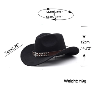 Black wool felt western cowboy hat with brown metal studded band and size dimensions
