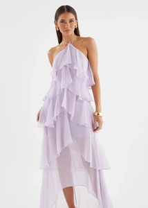 Detailed view of lavender chiffon halter dress featuring layered ruffles and airy texture