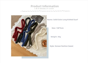 Detailed size specifications for the 130x5cm skinny knitted scarf in various colors