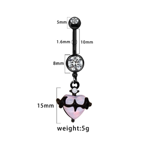 Detail view of heart-shaped iridescent belly ring with black metal and size markings