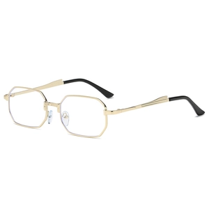 Octagonal gold metal sunglasses frame with black temple tips on white background