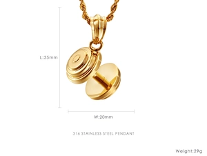 Vue détaillée du pendentif haltère en acier 316 doré avec dimensions et poids