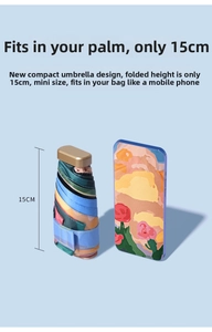 Compact 15cm six-fold umbrella next to a smartphone showing its mini portable size