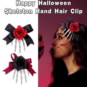 Halloween Skeleton Hand Hair Clip With Rose Flower And Bow Ribbon Plastic Gothic Party Headpiece For Women