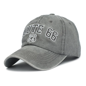 Vintage gray washed cotton baseball cap with white Route 66 embroidery and retro shield logo