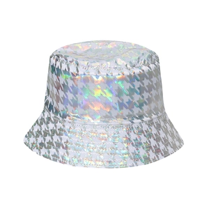 Trendy holographic silver bucket hat with a stylish houndstooth texture and laser finish