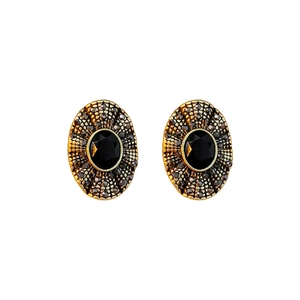 Vintage oval stud earrings in gold with black gemstone and fine pavé diamond accents