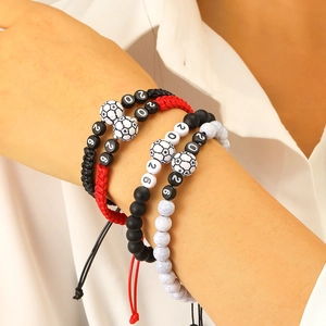 Adjustable woven 2026 soccer bracelets set with black beads and football charms