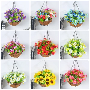 Artificial Hanging Flower Basket Silk Daisy Sunflower with Coconut Liner Iron Frame For Home Garden Outdoor Indoor Decor