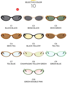 Detailed catalog showing 10 color variations of vintage oval frame sunglasses in a grid