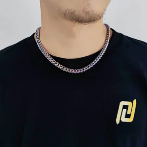 Detail of multi-color rainbow finish cuban link chain necklace for men on model neck