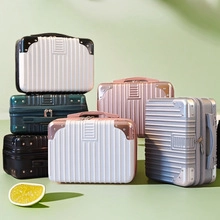 Mini 14-inch hardshell cosmetic cases in white, pink, green, silver, and black options