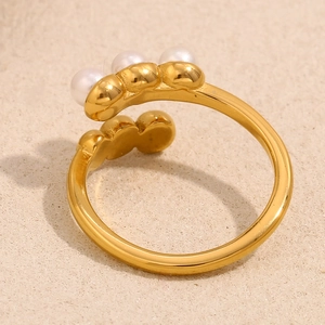 Minimalist 18K gold plated stainless steel open ring with three white pearls design