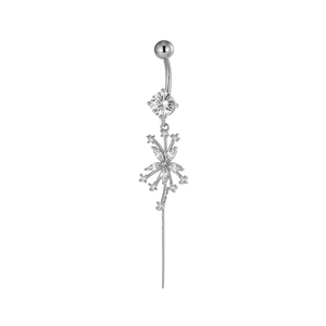 Piercing de nombril argenté avec pendentif fleur en zircone et fine chaîne pendante