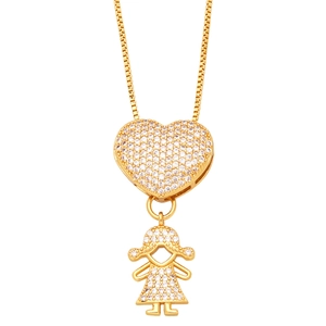 Golden heart and girl pendant necklace with pavé zircon stones on a box chain