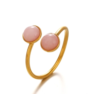 Adjustable gold stainless steel open ring featuring two round pink semi-precious stones