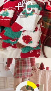 Detail of plush Christmas coral fleece socks with festive tree and snowflake patterns
