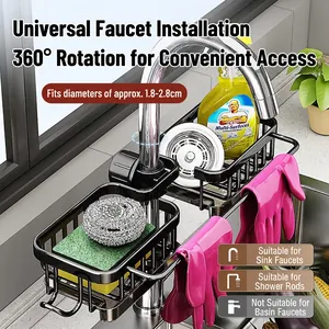 Black metal kitchen faucet rack for sponge storage and draining, fits 1.8-2.8cm pipe