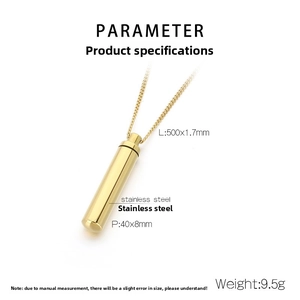 Detailed view of golden cylinder stainless steel perfume bottle pendant necklace