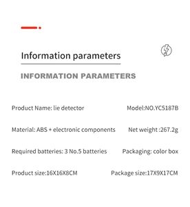 Detailed technical specifications and product dimensions for the electronic lie detector toy