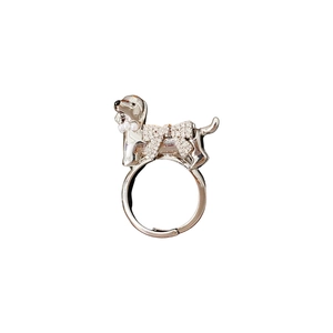 Chic silver puppy ring with bowknot and crystals, adjustable open band for women