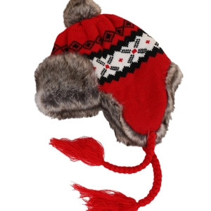 Red knit trapper hat with maple leaf pattern, grey faux fur lining and plush pompom detail