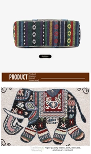 Detail of durable ethnic canvas bag featuring intricate elephant embroidery and woven fabric