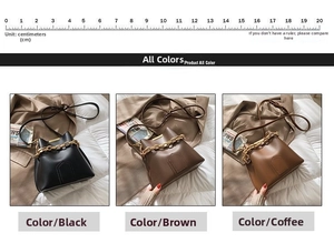 Detail view of large PU leather bucket bags in black, coffee, and brown with gold chains
