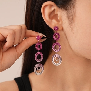 Elegant tiered pink gradient geometric circle earrings with sparkling rhinestone pavé finish
