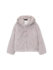 Minimalist light grey faux fur hooded jacket with long sleeves on a white background